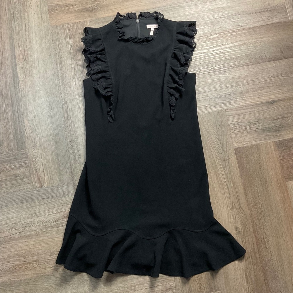 Rebecca Taylor Lace Ruffle Mock Neck Flounce Hem Dress 8 Black Victorian Party